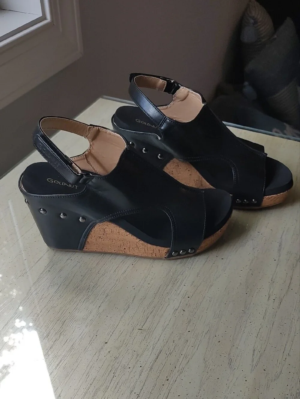Black Cork Wedge Sandals with Slingback Strap